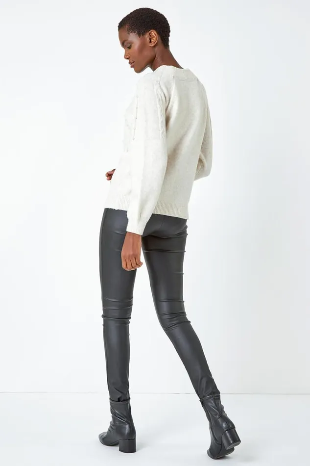 Natural Pearl Embellished Cable Knit Jumper Women Roman Knitwear