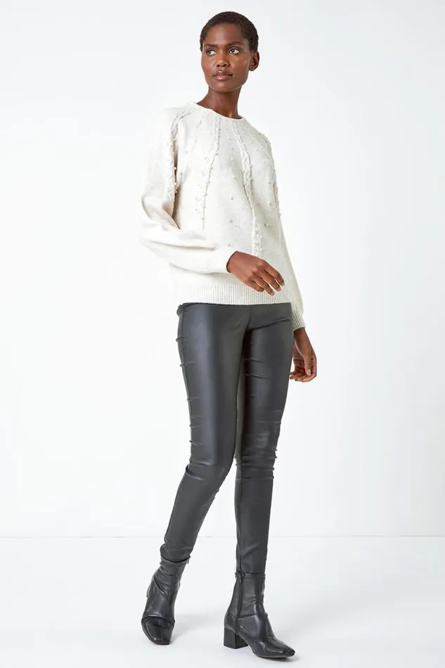 Natural Pearl Embellished Cable Knit Jumper Women Roman Knitwear
