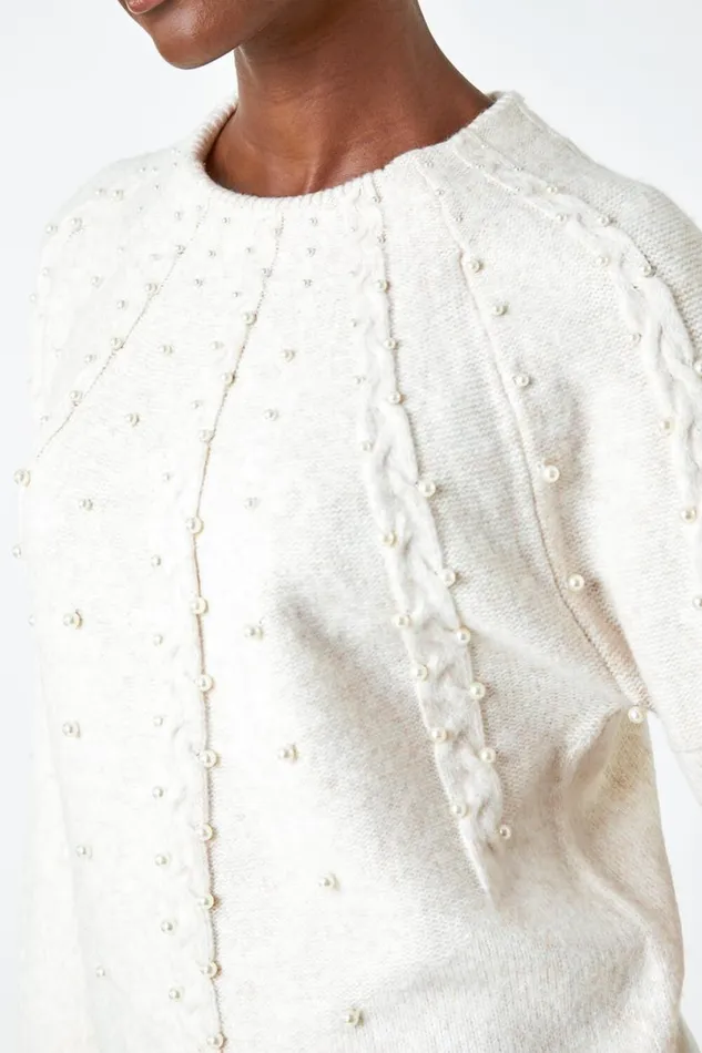 Natural Pearl Embellished Cable Knit Jumper Women Roman Knitwear
