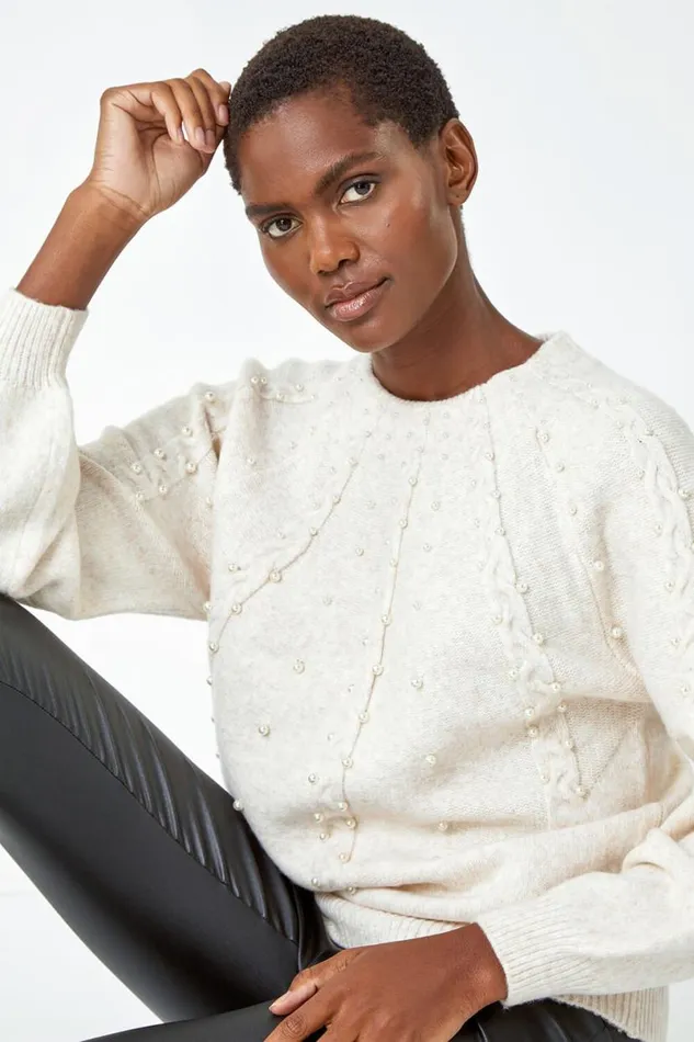 Natural Pearl Embellished Cable Knit Jumper Women Roman Knitwear