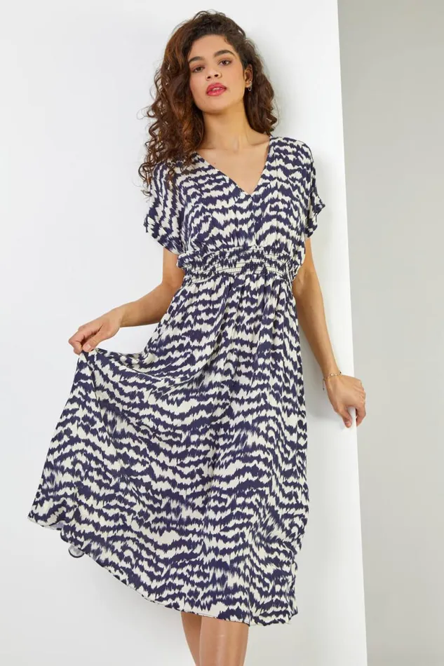 Navy Abstract Print Fit and Flare Dress Women Roman Dresses