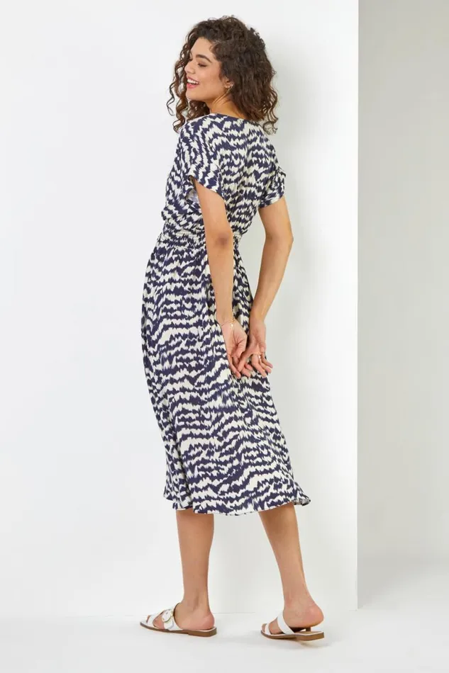 Navy Abstract Print Fit and Flare Dress Women Roman Dresses