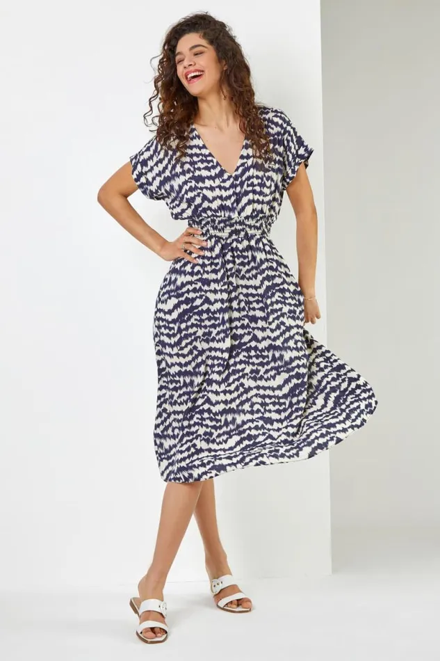 Navy Abstract Print Fit and Flare Dress Women Roman Dresses