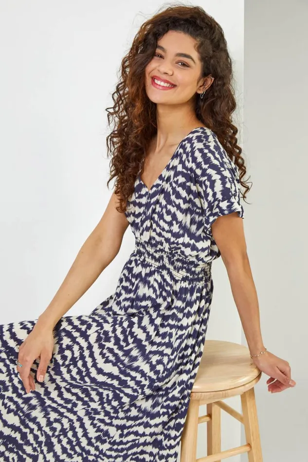 Navy Abstract Print Fit and Flare Dress Women Roman Dresses