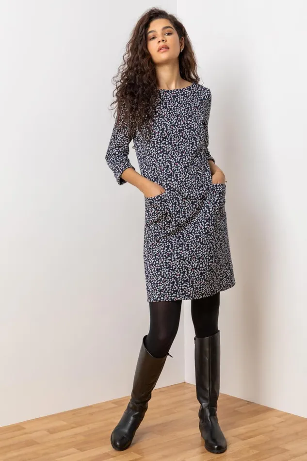 Navy Abstract Spot Jersey Shift Dress Women Roman Dresses