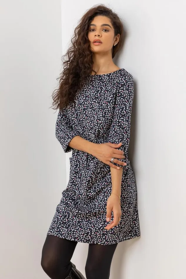 Navy Abstract Spot Jersey Shift Dress Women Roman Dresses