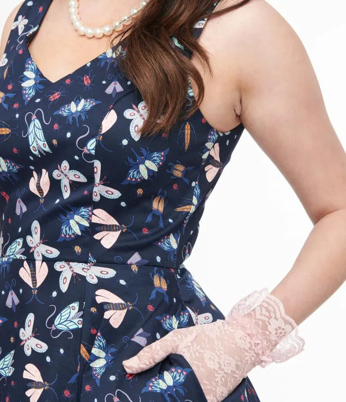 Navy and Multicolor Bug Cotton Swing Dress Dresses Unique Vintage Swing