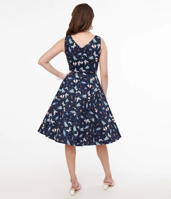 Navy and Multicolor Bug Cotton Swing Dress Dresses Unique Vintage Swing