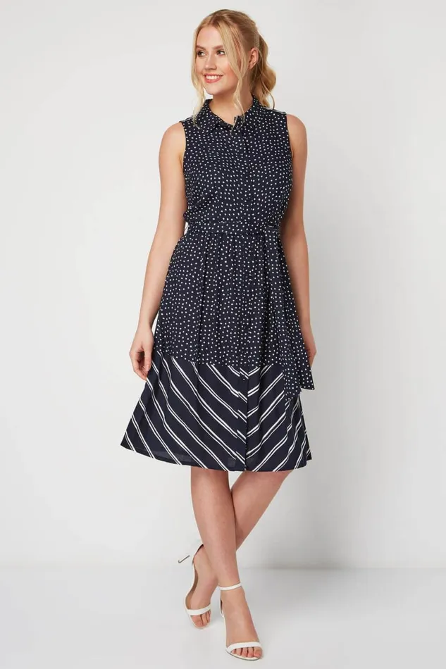 Navy Contrast Print Shirt Dress Women Roman Dresses