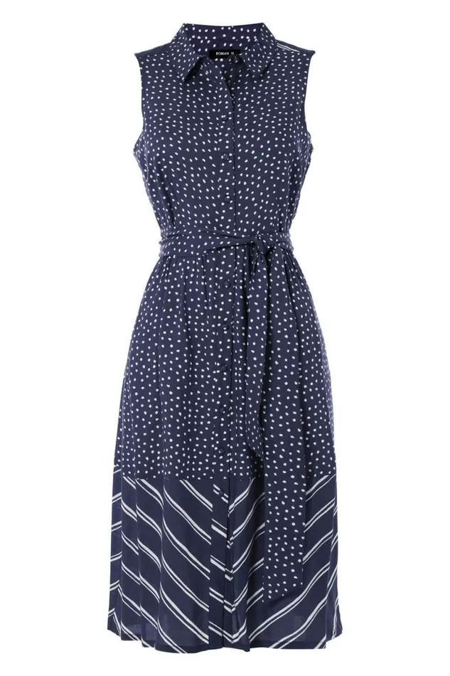 Navy Contrast Print Shirt Dress Women Roman Dresses
