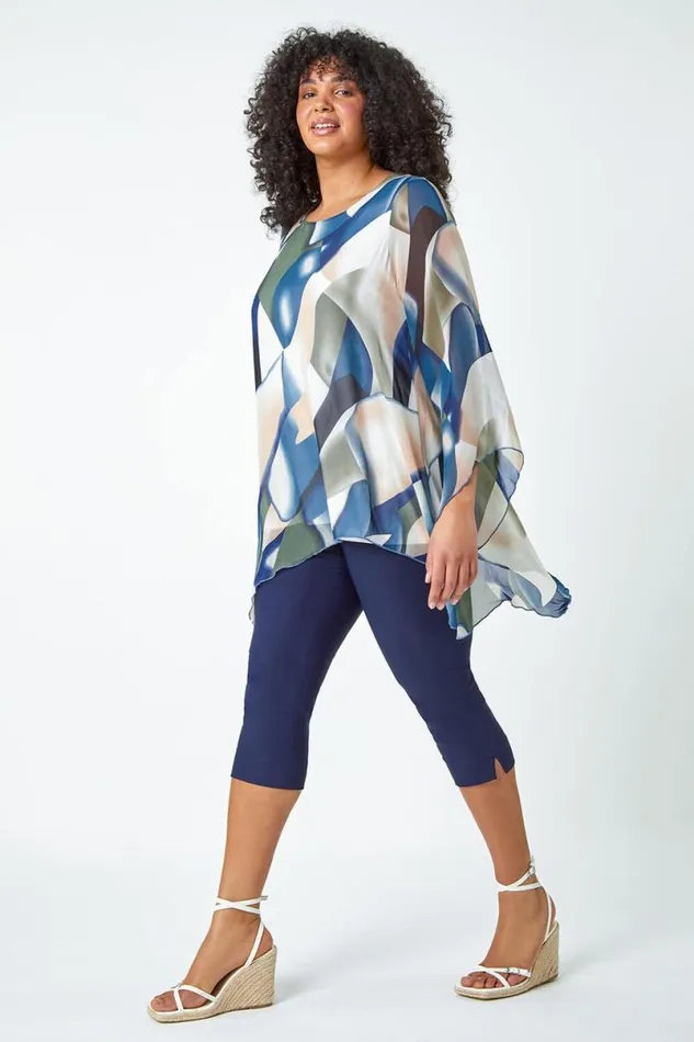 Navy Curve Abstract Chiffon Overlay Top Women Roman Tops