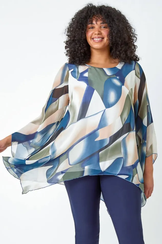 Navy Curve Abstract Chiffon Overlay Top Women Roman Tops