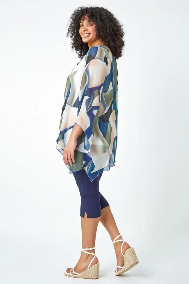 Navy Curve Abstract Chiffon Overlay Top Women Roman Tops