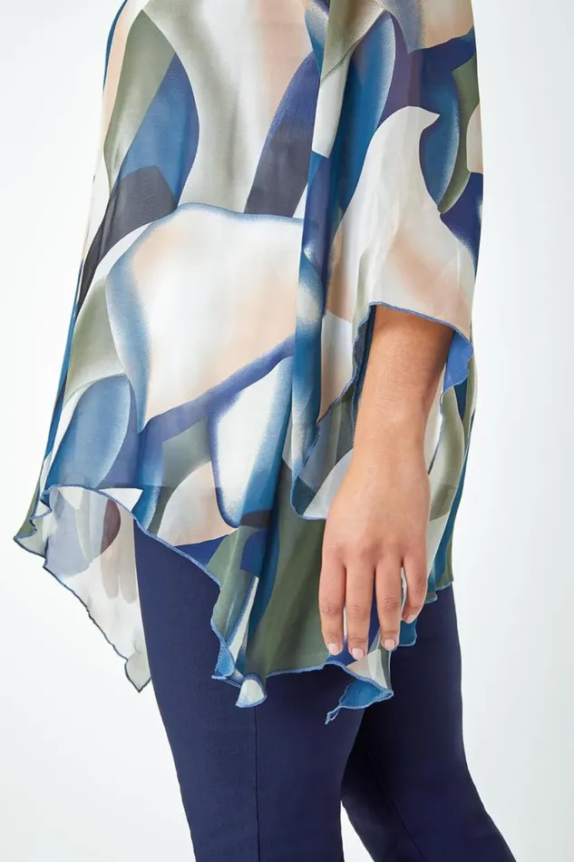 Navy Curve Abstract Chiffon Overlay Top Women Roman Tops