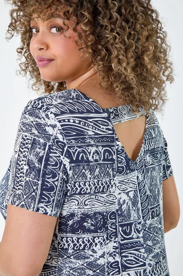 Navy Curve Abstract Print Back Bar Stretch Top Women Roman Tops