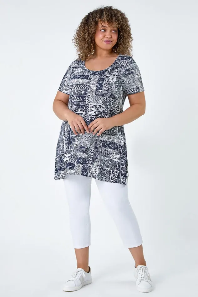 Navy Curve Abstract Print Back Bar Stretch Top Women Roman Tops