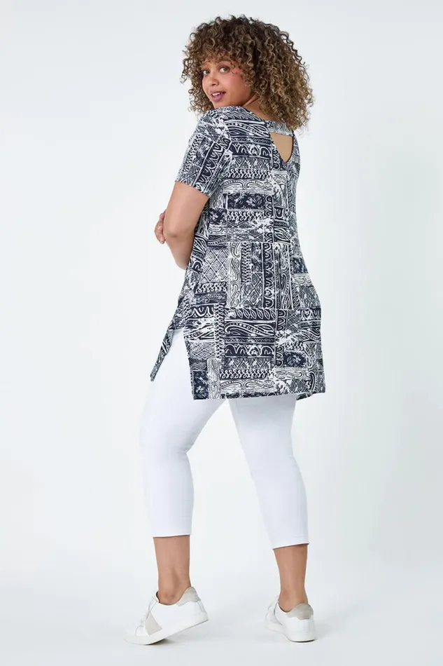 Navy Curve Abstract Print Back Bar Stretch Top Women Roman Tops
