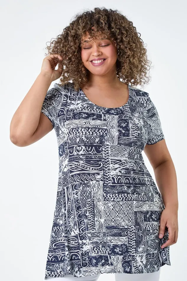 Navy Curve Abstract Print Back Bar Stretch Top Women Roman Tops