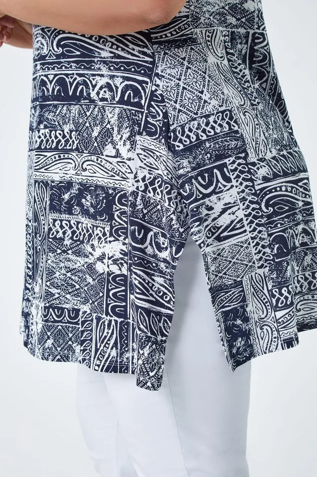 Navy Curve Abstract Print Back Bar Stretch Top Women Roman Tops