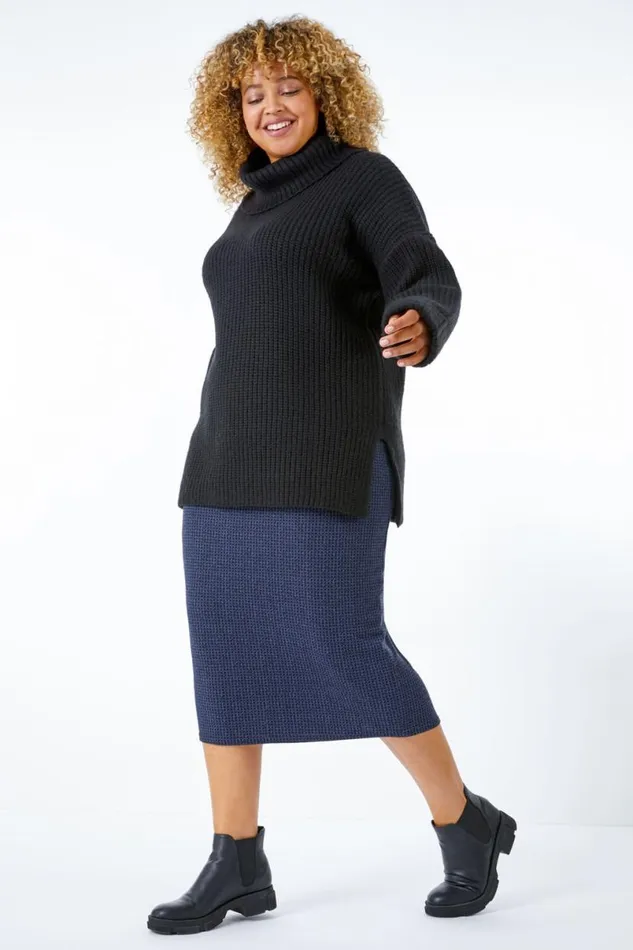 Navy Curve Check Elastic Waist Pencil Skirt Women Roman Skirts