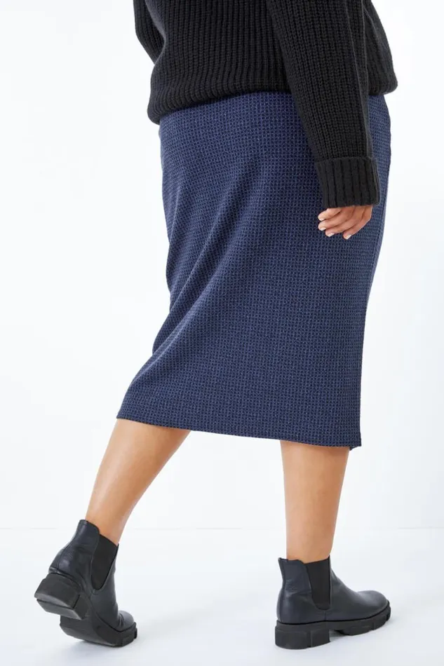 Navy Curve Check Elastic Waist Pencil Skirt Women Roman Skirts