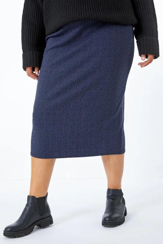 Navy Curve Check Elastic Waist Pencil Skirt Women Roman Skirts