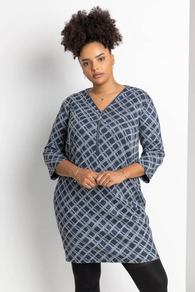 Navy Curve Check Print Zip Dress Women Roman Dresses