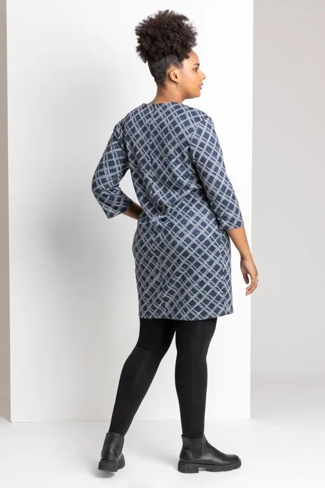 Navy Curve Check Print Zip Dress Women Roman Dresses
