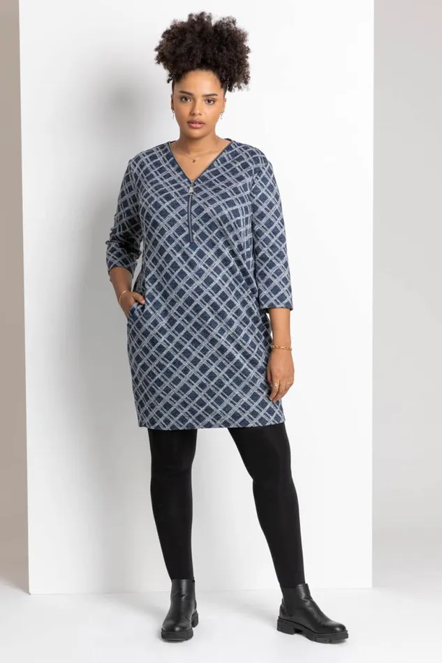 Navy Curve Check Print Zip Dress Women Roman Dresses