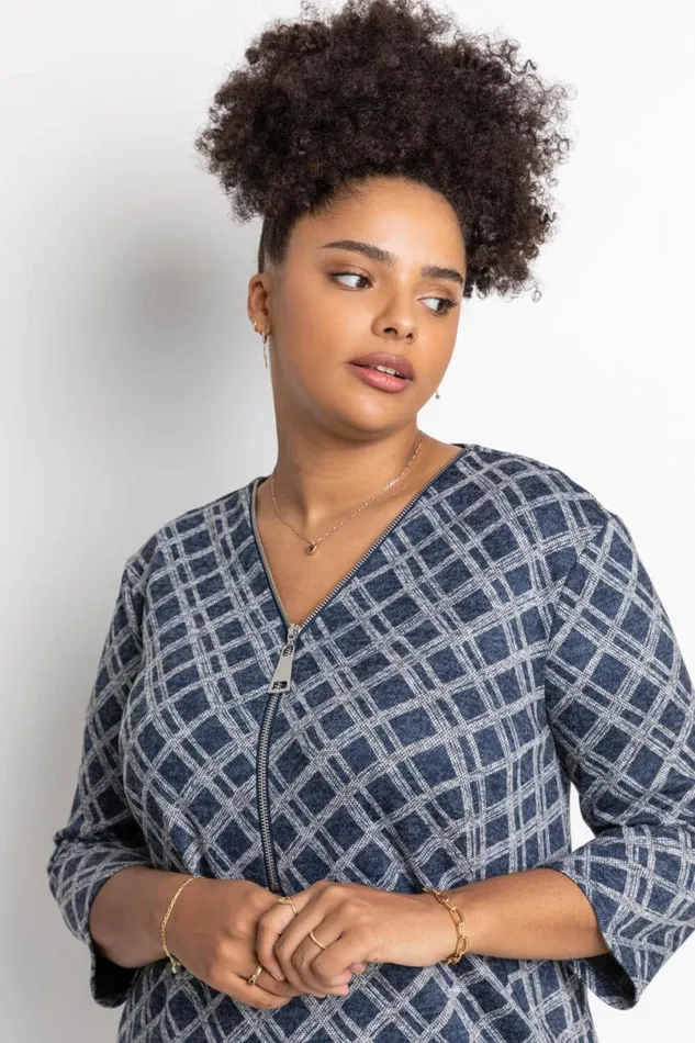 Navy Curve Check Print Zip Dress Women Roman Dresses