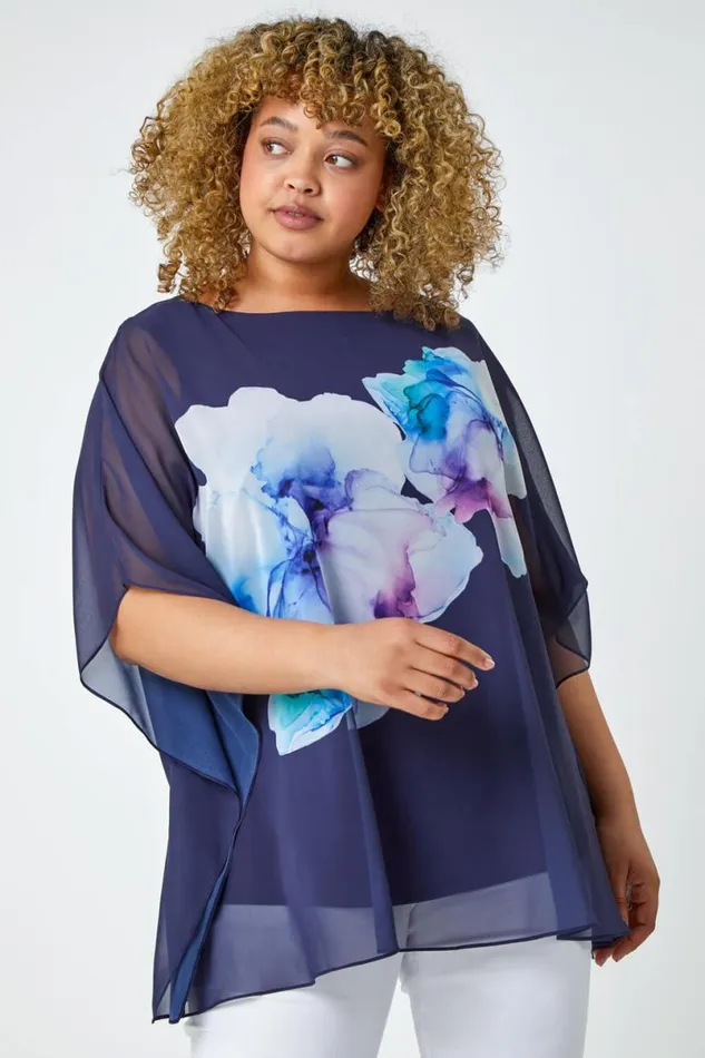 Navy Curve Floral Chiffon Overlay Top Women Roman Tops