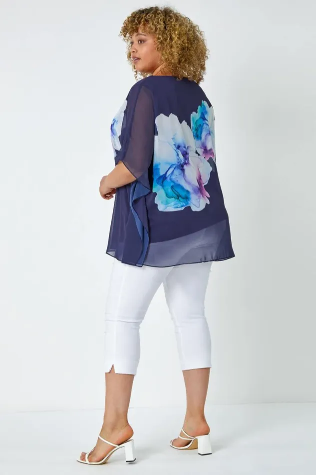 Navy Curve Floral Chiffon Overlay Top Women Roman Tops