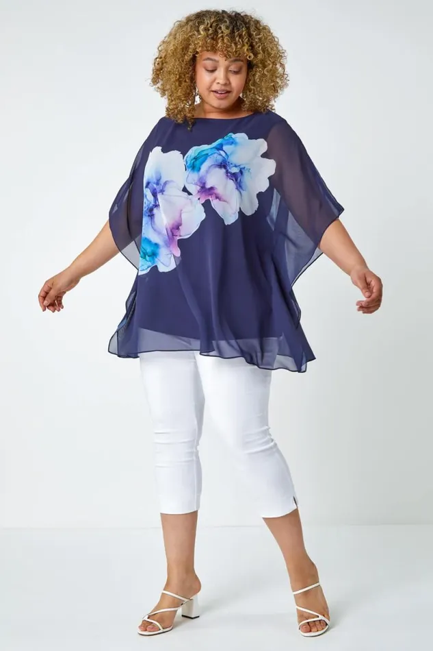 Navy Curve Floral Chiffon Overlay Top Women Roman Tops