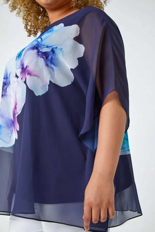 Navy Curve Floral Chiffon Overlay Top Women Roman Tops