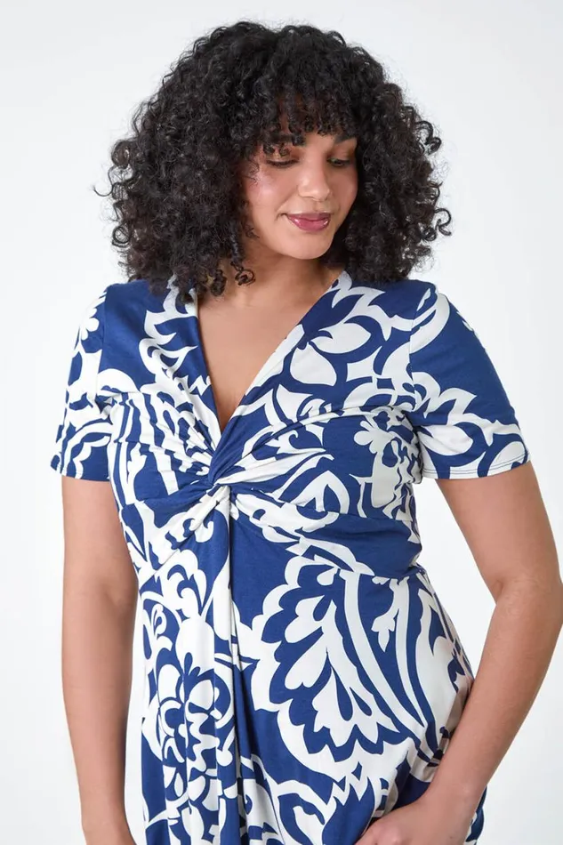 Navy Curve Floral Print Twist Front Dress Women Roman Dresses
