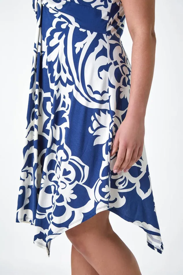 Navy Curve Floral Print Twist Front Dress Women Roman Dresses