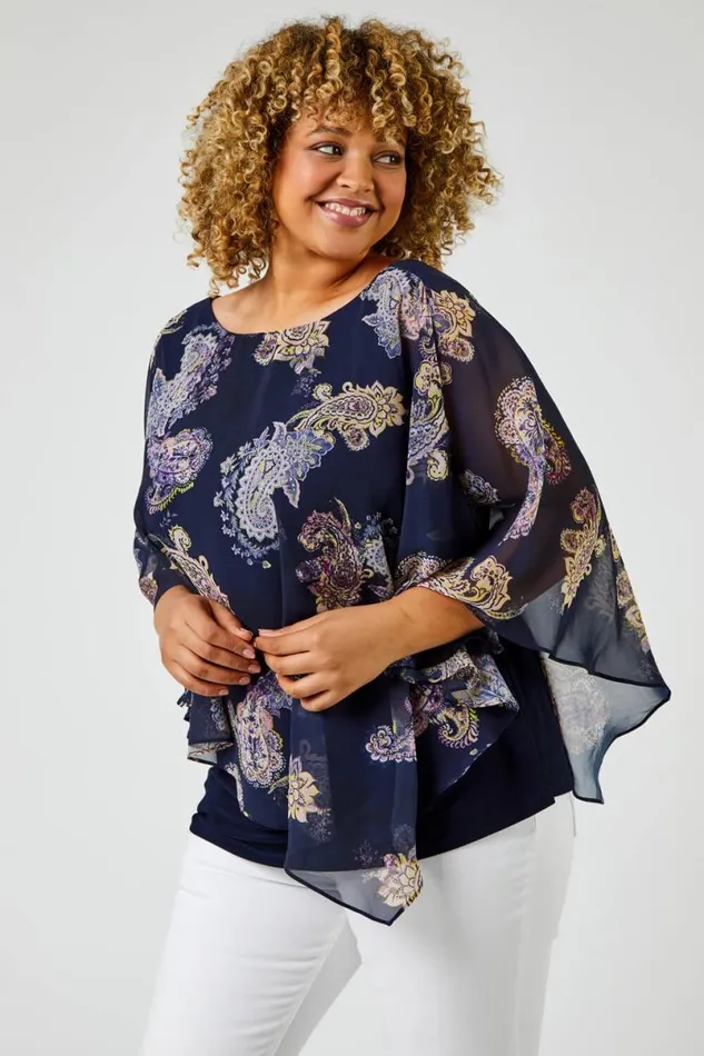 Navy Curve Paisley Print Chiffon Top Women Roman Tops