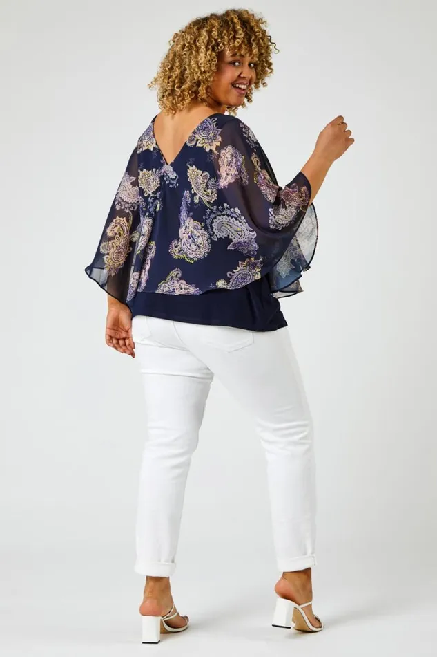 Navy Curve Paisley Print Chiffon Top Women Roman Tops