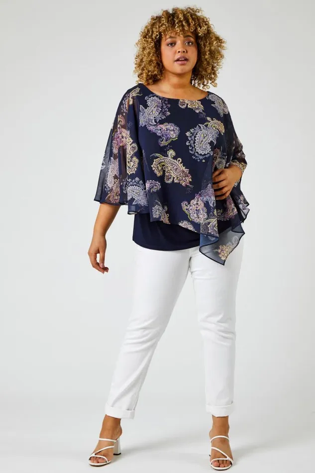 Navy Curve Paisley Print Chiffon Top Women Roman Tops