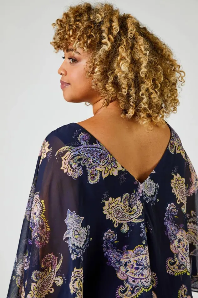 Navy Curve Paisley Print Chiffon Top Women Roman Tops