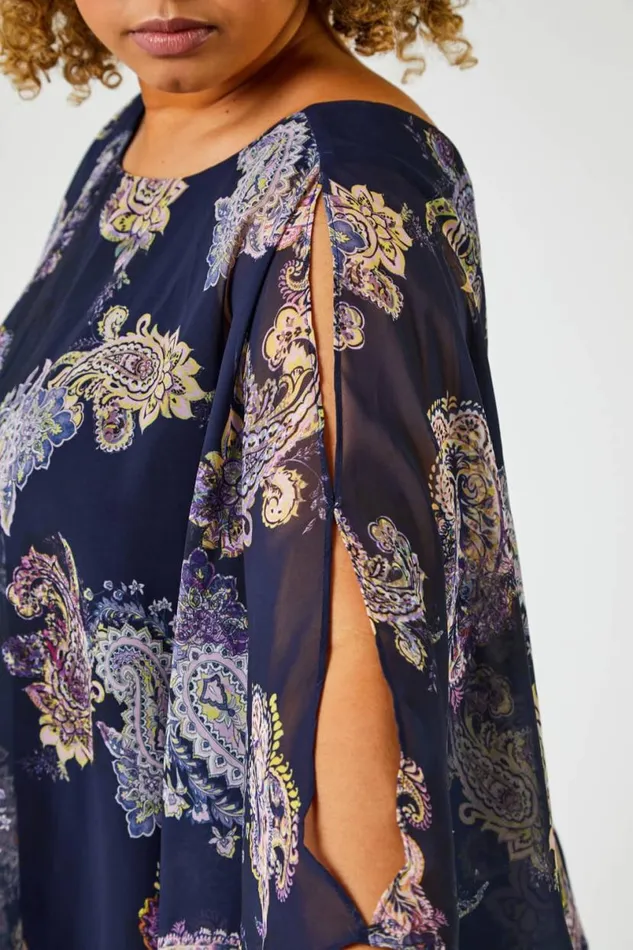 Navy Curve Paisley Print Chiffon Top Women Roman Tops