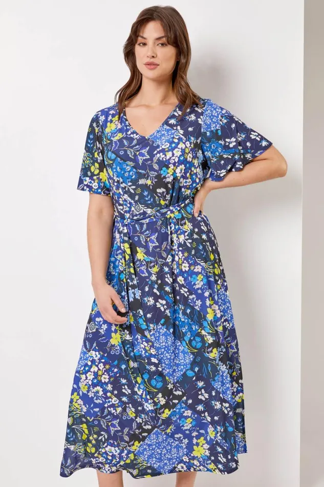 Navy Curve Patchwork Floral Maxi Dress Women Roman Dresses