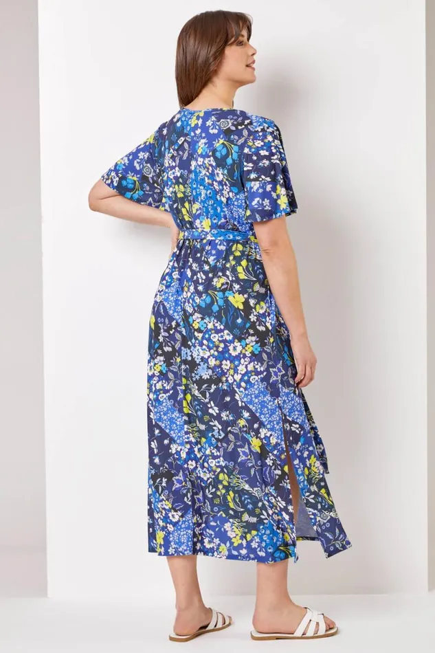 Navy Curve Patchwork Floral Maxi Dress Women Roman Dresses