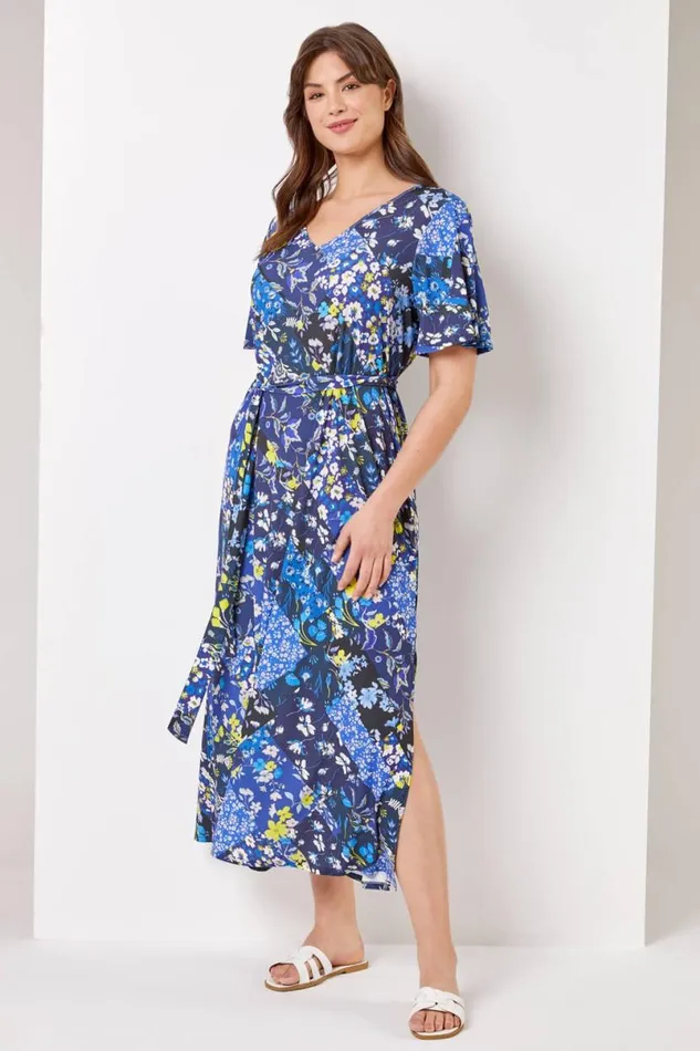 Navy Curve Patchwork Floral Maxi Dress Women Roman Dresses