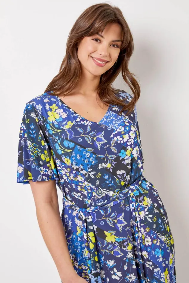 Navy Curve Patchwork Floral Maxi Dress Women Roman Dresses