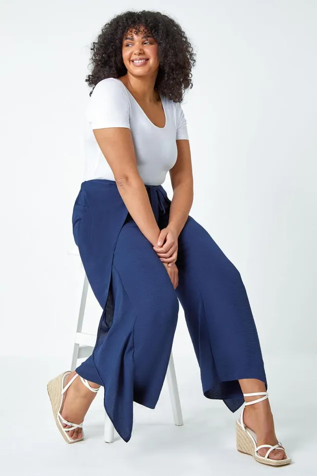 Navy Curve Wrap Tie Wide Leg Trousers Women Roman Occasionwear