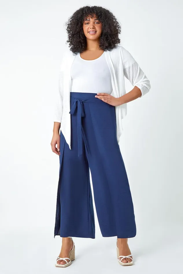 Navy Curve Wrap Tie Wide Leg Trousers Women Roman Occasionwear