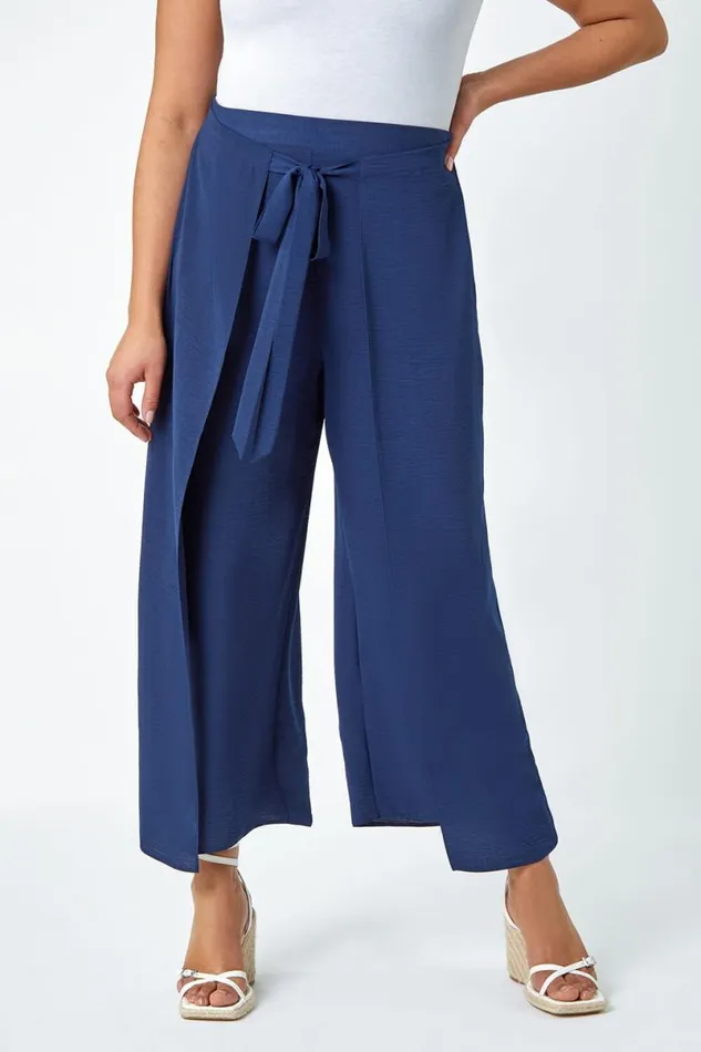 Navy Curve Wrap Tie Wide Leg Trousers Women Roman Occasionwear