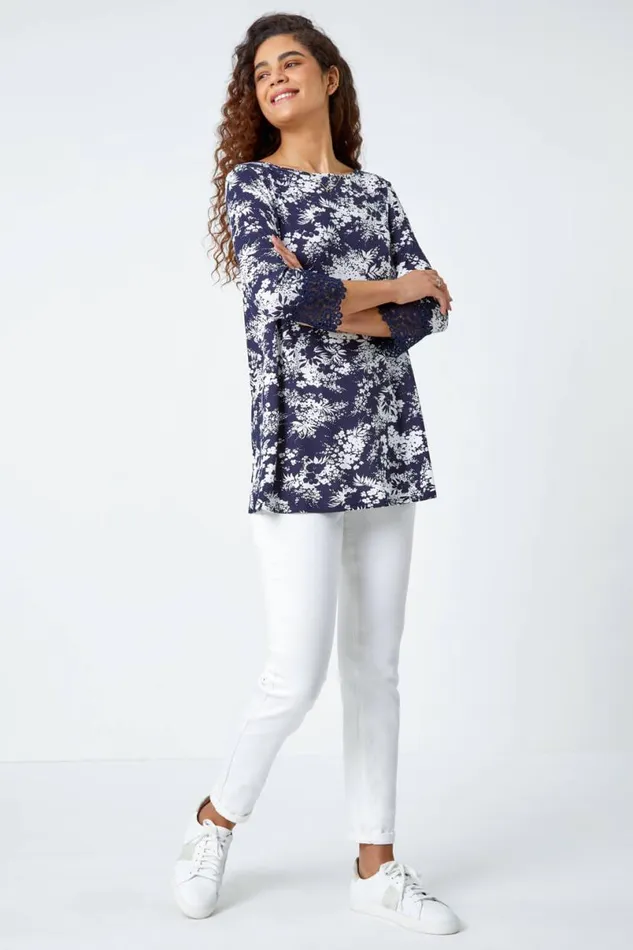 Navy Floral Lace Trim Stretch Top Women Roman Tops