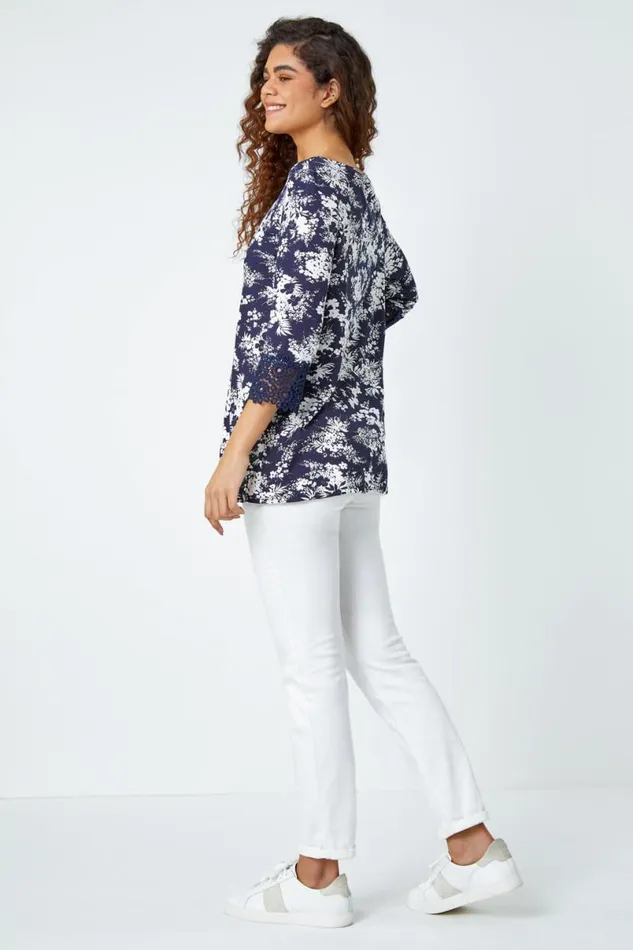 Navy Floral Lace Trim Stretch Top Women Roman Tops